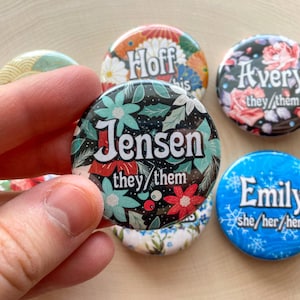 Vintage Pattern Name & Pronoun Buttons (Custom button with your choice of background!)