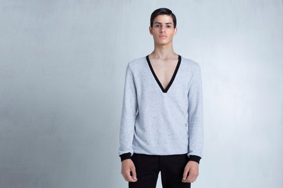 Buy Deep V Neck Sweatshirt Minimal Jumper in Grey Nep Fabric Online in India Etsy