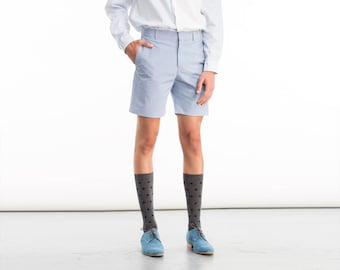 Hahnentritt zugeschnitten Shorts / Herren Shorts in hellblau Hahnentritt-Muster zugeschnitten