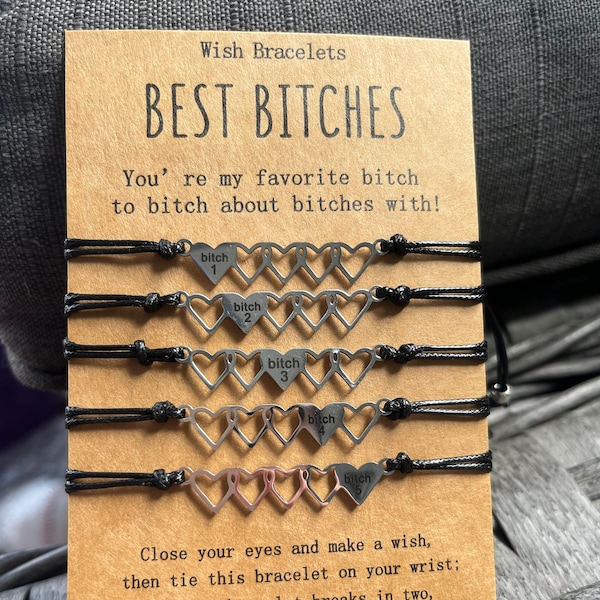 Friendship Bracelet set | Best Bitches Heart Jewelry set of 5 | Best Friends girl Matching Gift Love Bonded Together Friendship make a wish