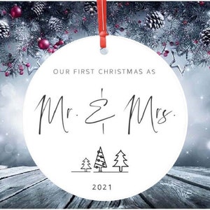2021 Mr. & Mrs. Christmas Ornament | New Marriage 2022 Ornament | Engagement / Wedding in 2021 | High Quality Porcelain Ceramic - Prestrung