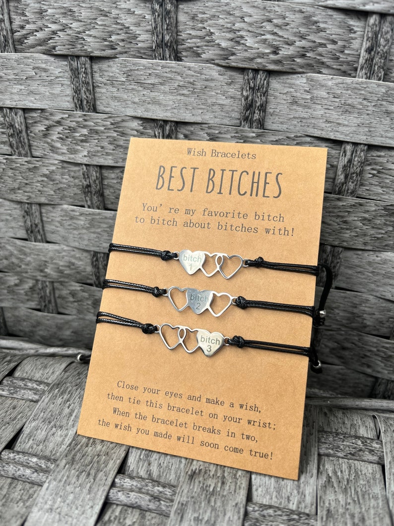 Friendship Bracelet set | Best Bitches Heart Jewelry set | Best Friends girl Matching Gift | Bonded Together make a wish Love and Friendship 3 Bitches