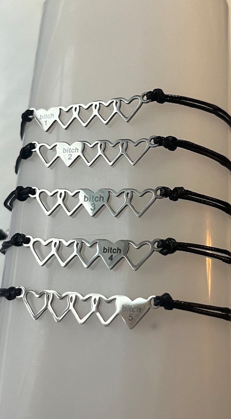 Friendship Bracelet set | Best Bitches Heart Jewelry set of 5 | Best Friends girl Matching Gift Love Bonded Together Friendship make a wish image 3