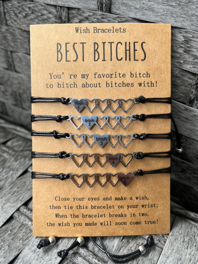 Friendship Bracelet set | Best Bitches Heart Jewelry set of 5 | Best Friends girl Matching Gift Love Bonded Together Friendship make a wish image 4