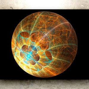 May include: Abstract art print featuring a swirling, orange and blue sphere with a black background.