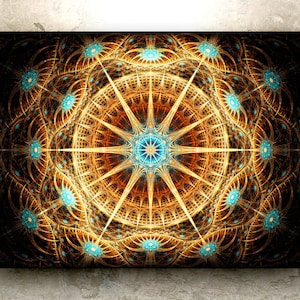 May include: Abstract geometric mandala with a gold and turquoise color scheme. The design features intricate patterns and a central starburst.