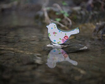 Ornamento de aves, adorno de madera, decoración de mesa, floral, decoupage de madera, vintage, gris