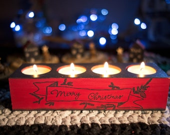 Candle holder, quadruple tea light holder, red and black, Christmas decoration, Merry Christmas