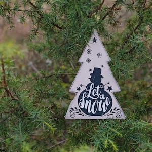 Wooden 3d Christmas tree, beige, hand painted snowman, Let it snow, Christmas decoration