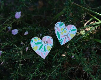 Heart shaped wood earrings, floral, dangle earrings, heart shape, handmade, vintage, boho