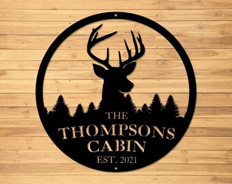 Personalized Deer Head Metal Sign: Cabin Family Name