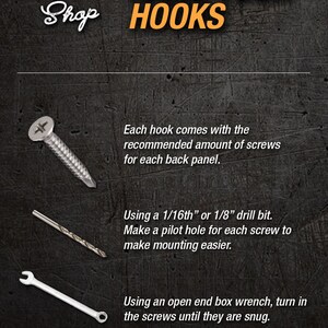 May include: How to hang your hooks. A step-by-step guide with illustrations showing the tools needed: a screw, a drill bit, and a wrench.