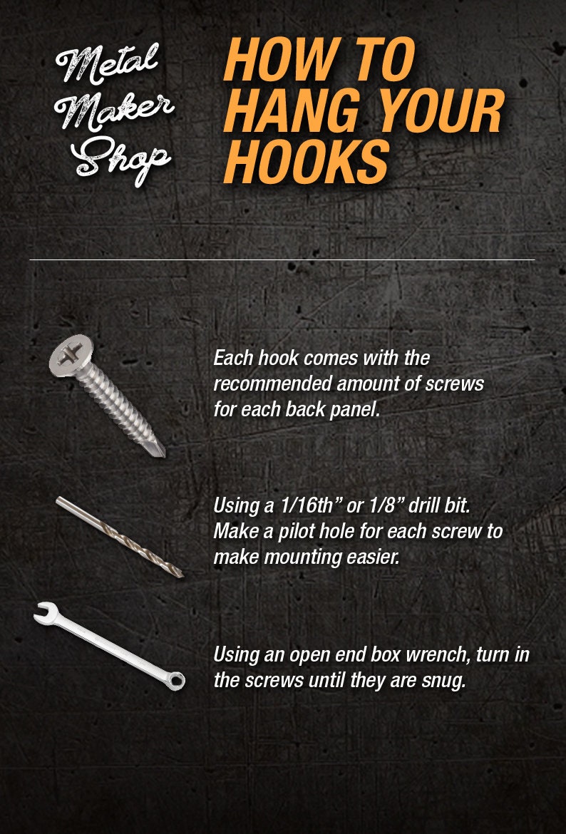 May include: How to hang your hooks. A step-by-step guide with illustrations showing the tools needed: a screw, a drill bit, and a wrench.