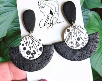 Black earrings, Art deco earrings, Polymer clay, Statement earrings, Stud dangle earrings, Abstract leaf design print, Gift for mum, Jewelry