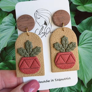 May include: A pair of handmade earrings featuring a plant design. The earrings have a textured tan background with a red pot, green leaves, and a brown wooden circle at the top. The earrings are hanging from a gold-colored hook. The card behind the earrings says "Clay Geo" and "made in Tasmania."