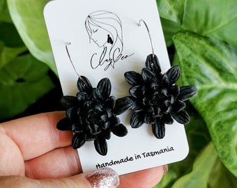 Black chrysanthemum earrings,  Hoop earrings, Flower earrings, Statement earrings, Polymer clay earrings, Gift for mum wife, Stainless steel