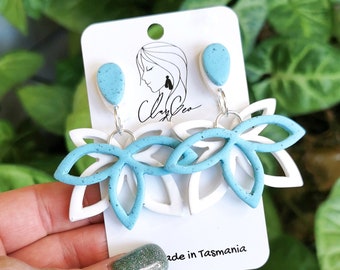 Flower earrings, Double flower earrings, Plant earrings, Statement earrings, Boho earrings, Polymer clay earrings, Turquoise earrings Unique