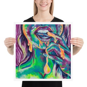 May include: A colorful abstract painting of a woman's face with dripping paint. The woman's lips are open and her tongue is sticking out. The paint is dripping from her lips and onto her chin. The painting is done in a vibrant color palette of blues, greens, yellows, and purples.