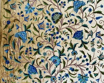 Crewel Fabric Hand Embroidered Kashmir Wool on Velvet Upholstery and Drapery Fabric Golden Velvet 56” x 1 Yard (By the Yard)