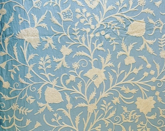 Hand Embroidery Crewel Fabric Design Floral Base Fabric Is skyblue Cotton Embroidery off white Wool 100% Handmade. (Free Shipping)