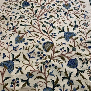 Hand Embroidered Crewel Fabric: Ivory Cotton with Wool Floral Design