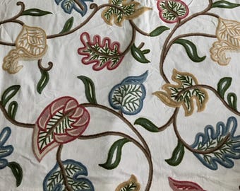 Hand Embroidered Crewel Fabric: Jacobean Floral Cotton, 54" Wide