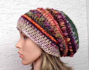Winter crochet hat made with artisan yarn, chunky slouchy beanie for women, ladies wool toque green orange pink taupe, 55cm/22inch, size M