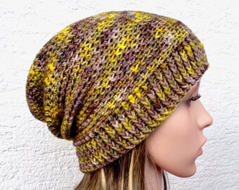 Cashmerino ultra soft crochet slouch hat made with hand dyed yarn size M, wool toque in rich yellow and brown shades, 22 in, 55-56cm