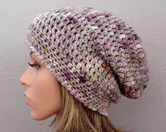 Crochet slouch hat with speckles size M, hand dyed pure merino wool beanie, fall toque in taupe white pink wine yellow, 55-57cm/22.8 inches