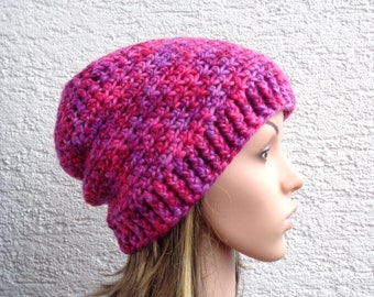 Very soft crochet slouch beanie made with handspun merino yarn, pink purple red chunky ladies winter hat, size M, 22-22.8inch, 55-57cm