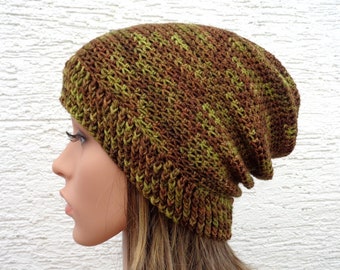 Between seasons size S-M brown green crochet merino hat with silk, hand dyed very soft unisex wool toque, 21.5-22 inch/54-55cm