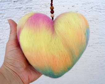 Large felt heart ornament with satin ribbon, two sided felted hanging window decoration in pastel shades by stonecirclewools lot no.2