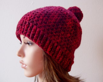 Red chunky pompom hat made with handspun merino yarn, thick winter wool hat for women girls boys men, crochet beanie, size M, 22inch, 55cm