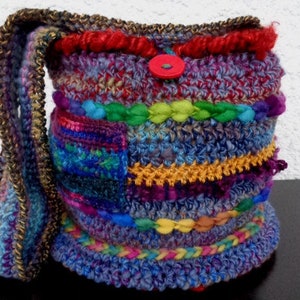 Artisan handspun crochet shoulder bag with wooden button, multicolor buttoned crossbody retro bag, by stonecirclewools image 1