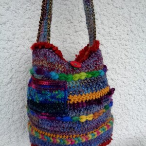 Artisan handspun crochet shoulder bag with wooden button, multicolor buttoned crossbody retro bag, by stonecirclewools image 4