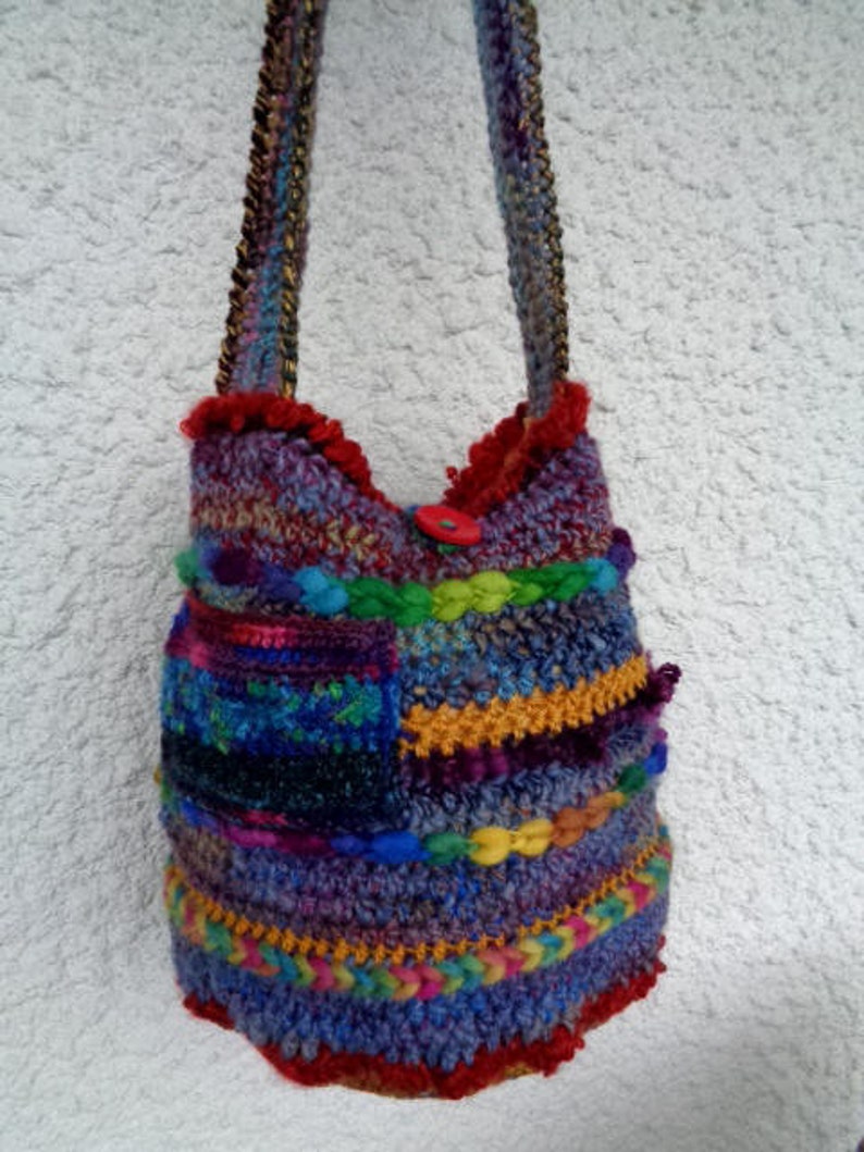 Artisan handspun crochet shoulder bag with wooden button, multicolor buttoned crossbody retro bag, by stonecirclewools image 4