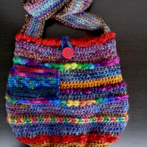Artisan handspun crochet shoulder bag with wooden button, multicolor buttoned crossbody retro bag, by stonecirclewools image 5