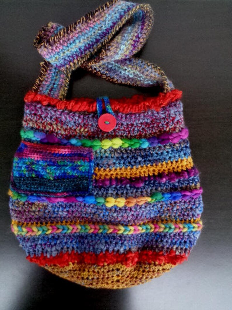 Artisan handspun crochet shoulder bag with wooden button, multicolor buttoned crossbody retro bag, by stonecirclewools image 5