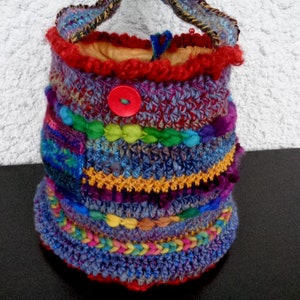 Artisan handspun crochet shoulder bag with wooden button, multicolor buttoned crossbody retro bag, by stonecirclewools image 2