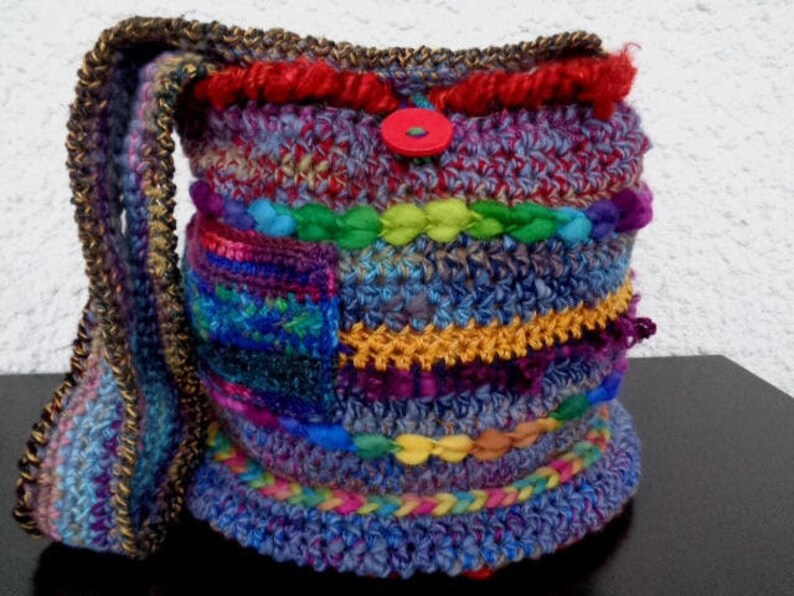 Artisan handspun crochet shoulder bag with wooden button, multicolor buttoned crossbody retro bag, by stonecirclewools image 1