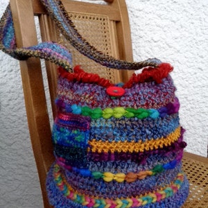 Artisan handspun crochet shoulder bag with wooden button, multicolor buttoned crossbody retro bag, by stonecirclewools image 3