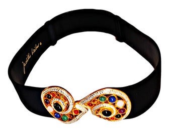 Judith Leiber Ornate Couture Expandable Belt Genuine Gems Buckle  Swarovski Crystals Black Italian Leather/Silk 18 KT GP Free Shipping