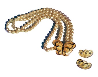 Kenneth Jay Lane For Avon “Papillon”- Butterfly Necklace/Earrings Set Faux Pearls Enamel Swarovski Crystals, 18 KT GP