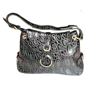 Bolso de mano de cuero de edición limitada de Charlie Lapson, con relieve Crock, amplio, verde invierno y negro, nuevo