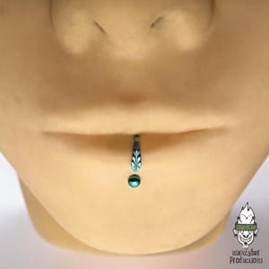 Può includere: Primo piano di un piercing al labbro. Il gioiello è un bilanciere verticale con un design verde acqua e nero sulla parte superiore e una sfera verde acqua nella parte inferiore. Il piercing è centrato sul labbro inferiore.