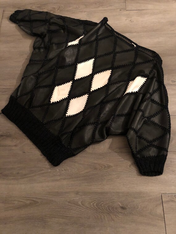80s, Vintage, Patchwork, Leather, Sweater, Navy, W