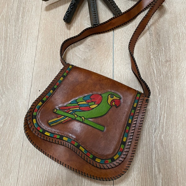 Vintage Pleather Shoulder Bag Brown Retro 70s Bag Parrot