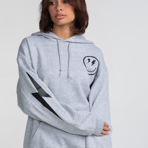 Grey Lightning Smiley Hoodiesweatshirt -black and white -cute hoodie -loungewear- lightning bolt -smiley face -gift -customize -unique -gray