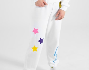 Pantalones deportivos de cómic: pantalones deportivos blancos, estrellas, rayos, cara sonriente, multicolor, bonitos, divertidos, ropa de estar por casa, regalo, conjunto cómodo, personalizado, conjunto deportivo