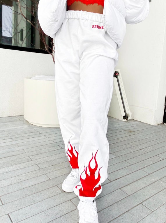 FLAME SWEATPANTS WHITE RED, 56% OFF